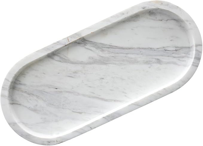 Oval Bathroom Vanity Tray, Large Natural Marble Sink Tray 10 Inch, Volakas White Stone Soap Trays, Modern Perfume Trays, Countertop Organizer for Kitchen, Coffee Table, Home Decor