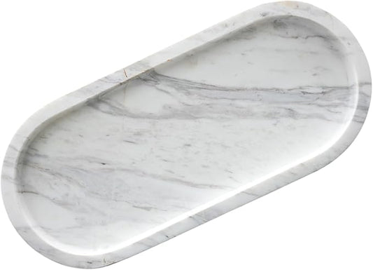 Oval Bathroom Vanity Tray, Large Natural Marble Sink Tray 10 Inch, Volakas White Stone Soap Trays, Modern Perfume Trays, Countertop Organizer for Kitchen, Coffee Table, Home Decor