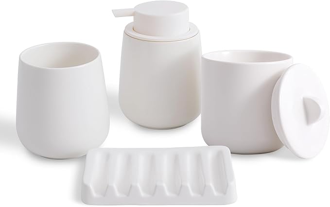 Ceramic Bathroom Accessories Set, Lotion Soap Dispenser and Toothbrush Holder Set, Soap Dish, Apothecary Jars,4 Pieces for Home Modern Bathroom Decor Vanity Countertop(White Set - Liquid)