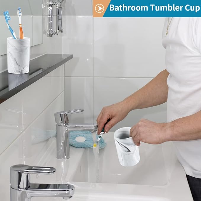 Bathroom Tumbler Cup, Ceramic Toothbrush Holder Stand for Mouthwash Rinsing, Toothpaste, Pen, Makeup Brush, Teaspoon Organizer, 10oz / 300ml (Marble Pattern)