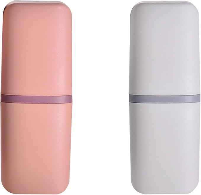 Huakaile 2 Pack Plastic Travel Toothbrush Holder, Portable Toothbrush Cup with Cover, Toothbrush Case Box Toothpaste Container for Storage Organizer Bathroom Camping (White, pink)