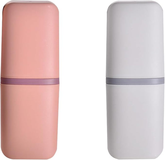 Huakaile 2 Pack Plastic Travel Toothbrush Holder, Portable Toothbrush Cup with Cover, Toothbrush Case Box Toothpaste Container for Storage Organizer Bathroom Camping (White, pink)