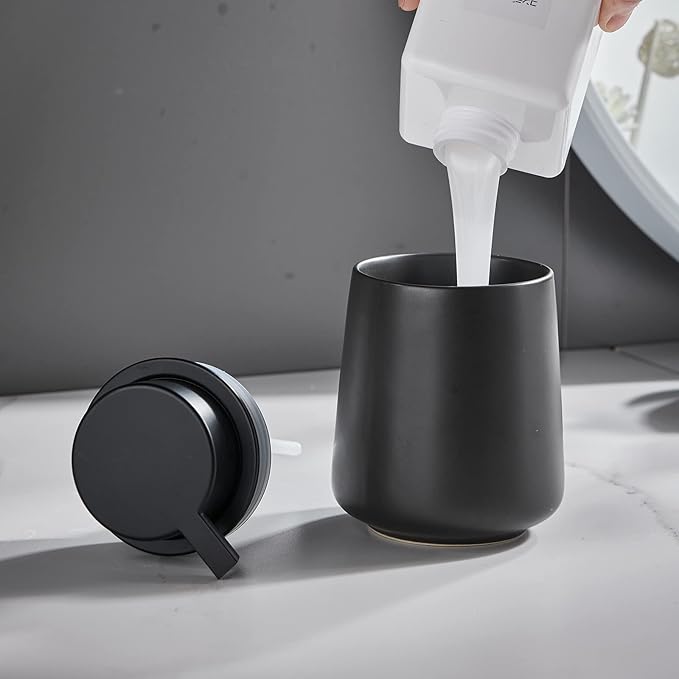 12Oz Black Soap Dispenser - Modern Ceramic Lotion Hand Soap Dispenser with Easy-to-Press Black Pump, Reusable and Refillable Liquid Dish Soap Dispensers for Bathroom & Kitchen