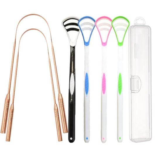 Copper Tongue Scraper Set Tongue Cleaner Kits Plastic Oral Tongue Cleaning Tools Brush for Fresh Breath and Mouth Hygiene Care with Travel Case (2.4”x5.1”)