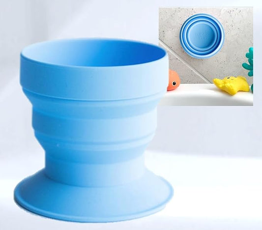 TubbyCup Baby Bath Rinse Cup, Collapsible & Convenient Space Saving Bath Cup with Suction Base, Sticks to Tub or Tile. Soft, Flexible, Makes Bath Time Safe & Fun. BPA-Free Non-Toxic Patented! (Blue)