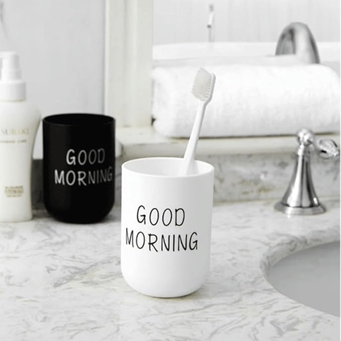 Minimalist Mouthwash Cup, 300ml Large Capacity，Black and White Colors, Good Morning Printed Design, Durable, Eco Friendly, Easy to Clean, Perfect for Bathroom and Travel (Black & White)