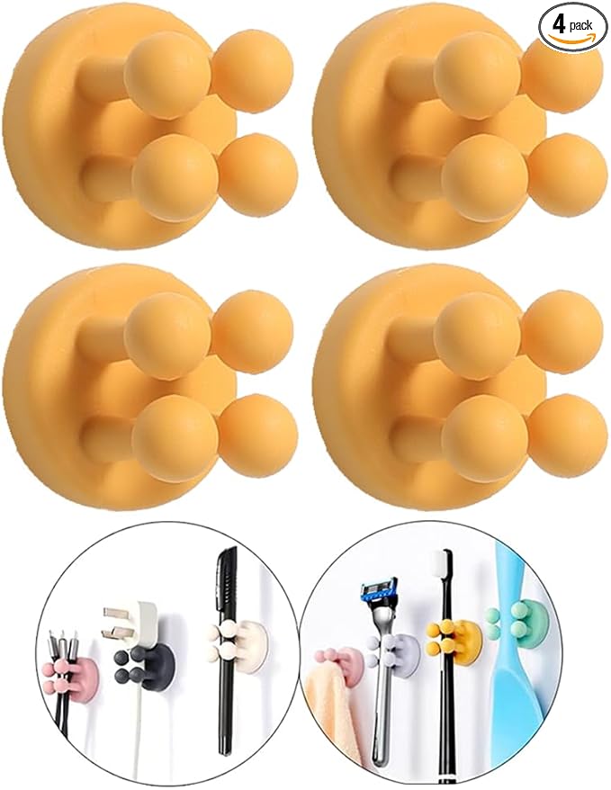 Silicone Toothbrush Holders - 4 Pcs Razor Hooks Adhesive Wall Mounted for Hanging Towel Key Plug Cable, Utility Decor Stick to Dorm Room Essentials Function for Kitchen Bathroom Home Office