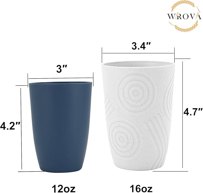 Wrova Wheat Straw Water Cups 16oz with Etched Pattern - Alternative Plastic Drinking Glasses Set of 6 - Unbreakable Tumbler Reusable Water Cups for Kids - White