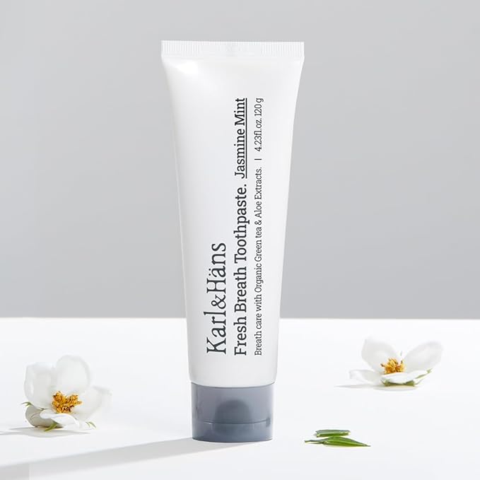 Karl&Hans Fresh Breath Jasmine Mint Toothpaste with Fluoride – Bad Breath Removal, Cooling Jasmine Mint Freshness, Cavity Protection, Whitening & Stain Removal, 4.23 fl oz