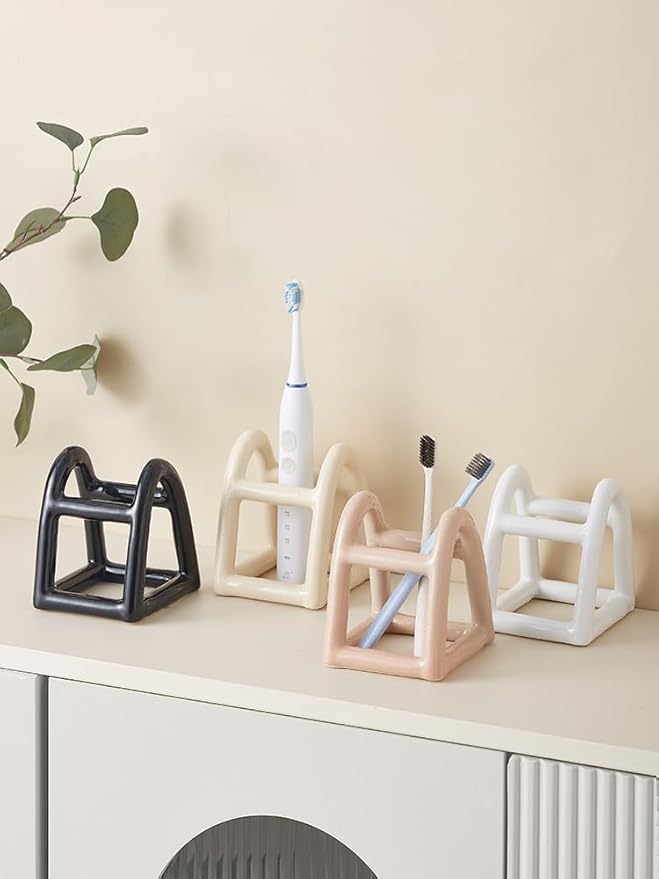 Handmade Ceramic Holder Stand for Toothbrushes, Makeup Brushes, and Pens - Minimalist Design for Bathroom Vanity and Countertops Decor (White)