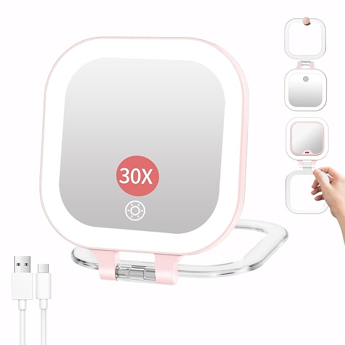 FUNTOUCH Travel Makeup Mirror with Light, 1X/10X Magnifying with 3 Light Settings & Adjustable Brightness,Rechargeable Folding Compact Double Sides Mirror for Home and Travel, Pink