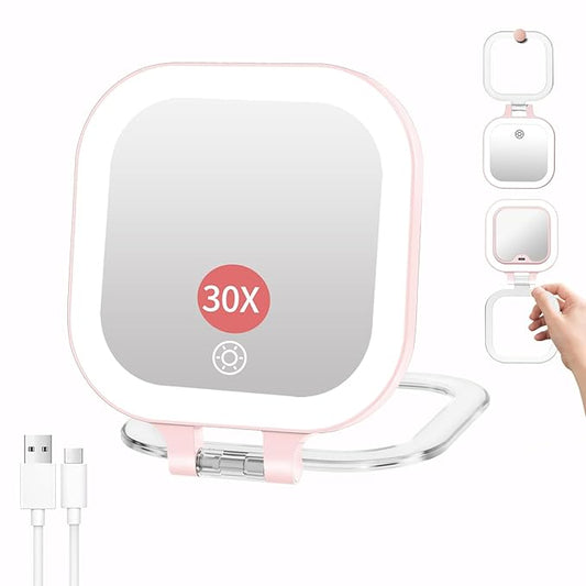 FUNTOUCH Travel Makeup Mirror with Light, 1X/10X Magnifying with 3 Light Settings & Adjustable Brightness,Rechargeable Folding Compact Double Sides Mirror for Home and Travel, Pink