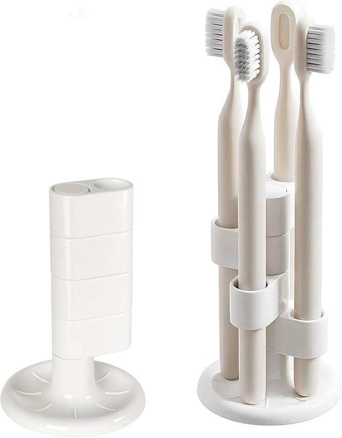 360° Rotating Toothbrush Holder with 4-Slot Design & Non-Slip Base – Bathroom, Vanity & Travel Organizer for Brushes, Razors, Pens | Family & Travel Essentials (2 Pack)