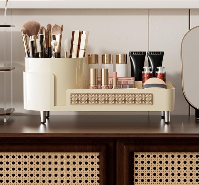 360° Countertop Swivel Cosmetic Organiser, Large Swivel Cosmetic Organiser With Brush Holder For Skincare, Perfume, Beauty Tools Display Case (Cream)