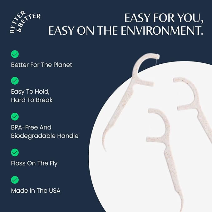 Better & Better Floss Picks (Box of 200) | Unflavored Vegan Dental Picks for Adults & Kids | Biodegradable Plant-Based Handles & Sturdy Floss Thread | Gluten, Cruelty & BPA-Free