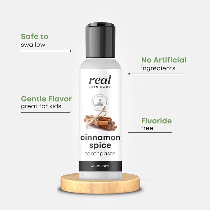Real Skin Care Coconut Toothpaste | Handmade in USA | Cinnamon Spice | All Natural Organic Fluoride-Free Toothpaste for Healthy Smiles | Flavored for Adults & Kids with Essential Oils