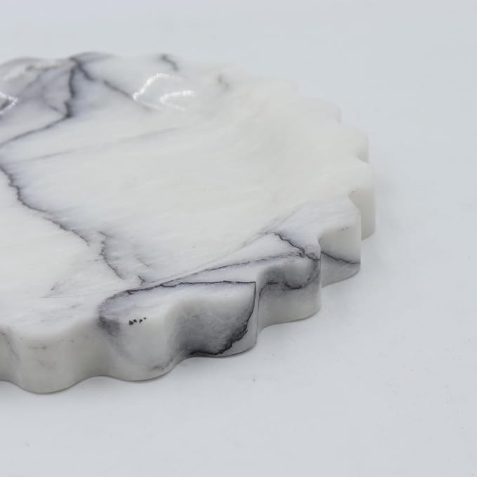 Round Marble Decorative Tray with Scalloped Edge, Luxury Natural Stone Bathroom Vanity Tray, Dresser Top Perfume Coffee Home Kitchen Sink Tray, Key Trinket Ring