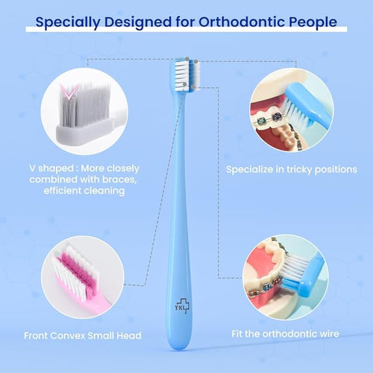 Y-Kelin V-Shaped Orthodontic Toothbrush for Braces Brackets 4 Count (Pack of 1) Soft Bristle with Inter Dental Brush