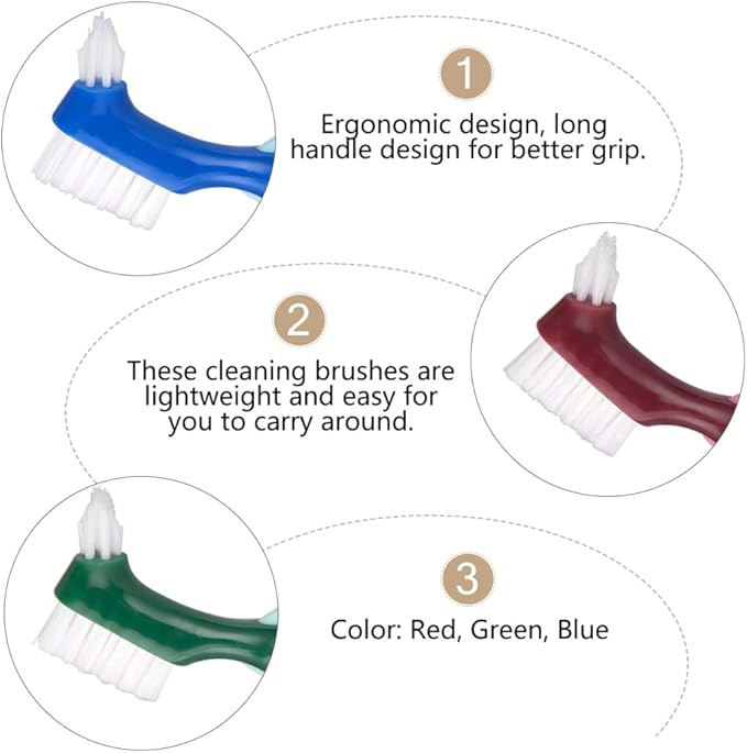 3pcs Double-Headed Denture Cleaning Brush Hard-bristled False Teeth Toothbrushes for Denture Care and Oral Red Green Blue