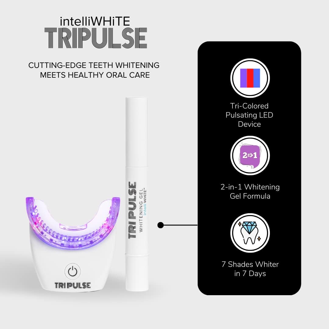 intelliWHiTE TriPulse Teeth Whitening LED Light Kit - 20 LED Lights - Hydrogen Peroxide + Carbamide Peroxide - 7 Shades Whiter in 7 Days - Safe On All Dental Work - BPA Free Mouthpiece