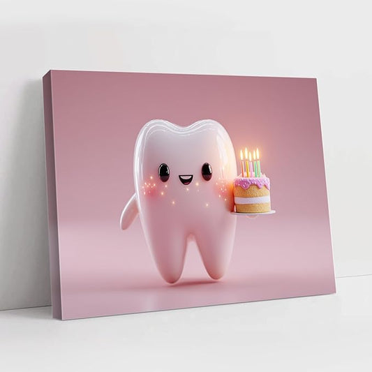 SchindlerBang Teeth Medical Canvas Prints,Cartoon Tooth Celebrating with Cake,Fun Dental Clinic Decor,Office Art,or Kids' Room,Vibrant Style,16x20inch Ready to Hang