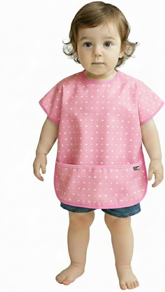 Short Sleeve Waterproof Bib for Toddlers – Easy Clean Feeding Apron for Mealtime, Daycare, Self-Feeding, Lightweight