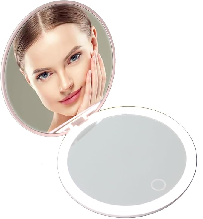 LED Illuminated Travel Makeup Mirror,Portable Folding Mirror,Mini Travel Mirror,Hand Mirror,1X/2X Magnifying Glass,Touch Adjustable Screen(Pink,3.5Inch)