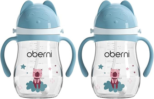 No Spill Sippy Cups, Double Sealing Leakproof Water Bottle with Weighted Straw and Non-Slip Handle for Toddler 1-3 Years, Tritan Baby Cups 12+ Months, 270ml/9oz (2Pack,Blue)