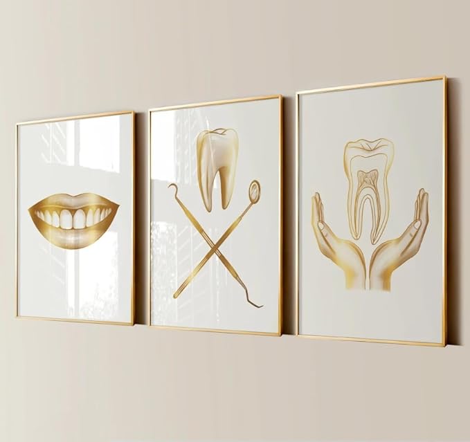 NATVVA 3 Pieces Canvas Art Prints Dental Art Tooth Care Poster Painting Wall Pictures Dental Hygienist Artwork for Dental Clinic Decor with Wooden Inner Frame