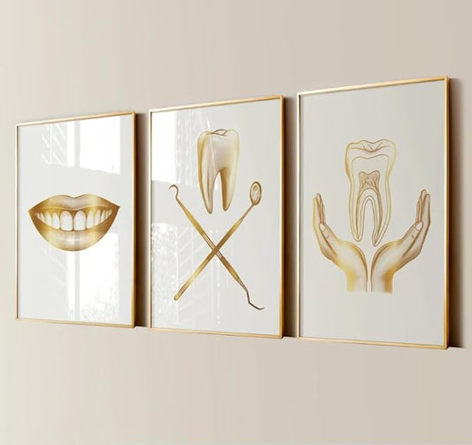 NATVVA 3 Pieces Canvas Art Prints Dental Art Tooth Care Poster Painting Wall Pictures Dental Hygienist Artwork for Dental Clinic Decor with Wooden Inner Frame