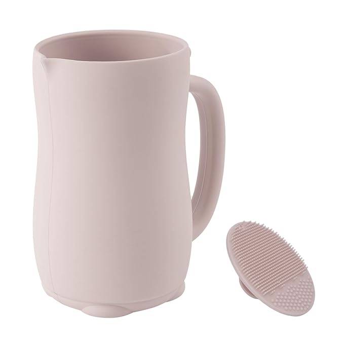 mandoo Baby Bath Rinse Cup - Food Grade Silicone - Shampoo & Body Washing Rinser Cup for Kids with Easy Grip Handle to Rinse Baby Shampoo and Soap - Baby Essentials (Beige+Brush)