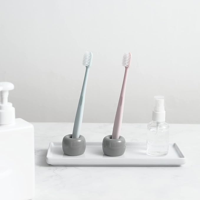 Mini Ceramic Couple Toothbrush Holder, Hand-Made Bathroom Toothbrush Holder, Electric Toothbrush Head Holder and Office Pen Holder 2-Piece Set (Gray)