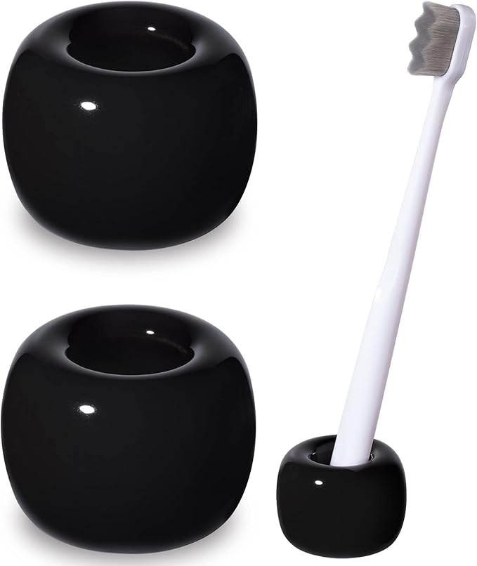 Urbanstrive Sleek Mini Ceramics Toothbrush Holder Stand for Bathroom Vanity Countertops (Black 2-Pack)