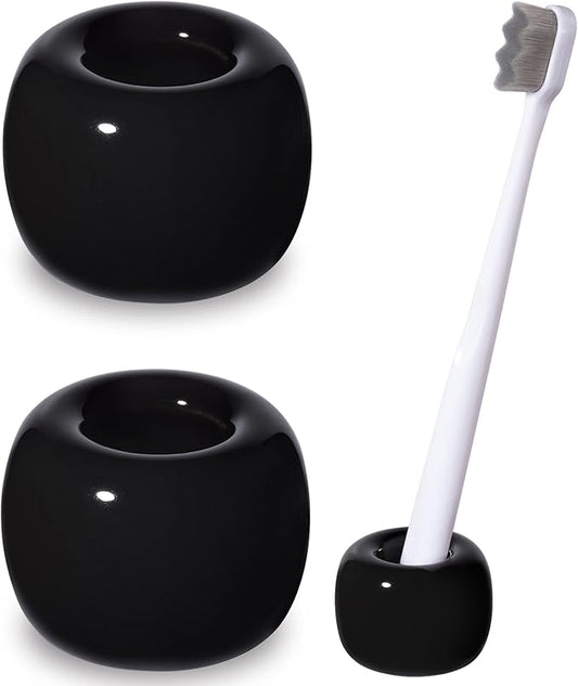 Urbanstrive Sleek Mini Ceramics Toothbrush Holder Stand for Bathroom Vanity Countertops (Black 2-Pack)