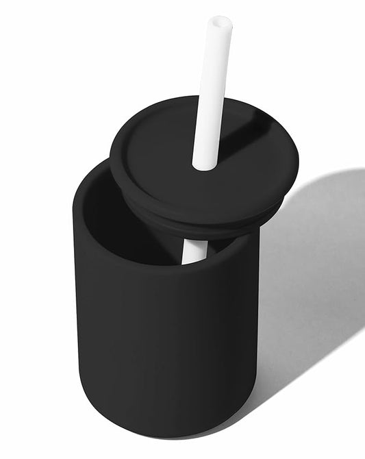 Avanchy Silicone Training Sippy Cup with Straw Lid – For Babies 6+ Months to Toddlers 1 Year Old – 8 oz Infant Water Cup for Baby Led Weaning, Black