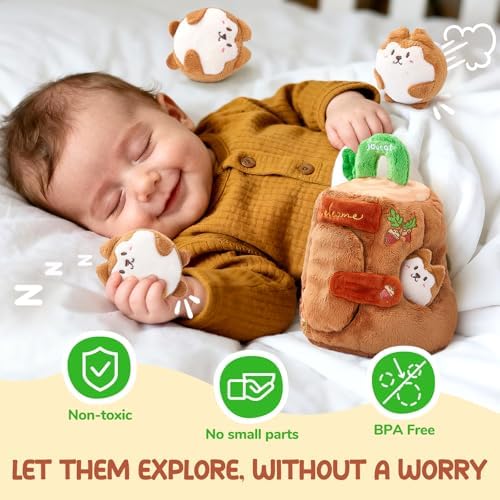 JoyCat Baby Toys 6-12 Months - Soft Baby Treehouse with 5 Sensory Squirrels - Rattle, Crinkle Paper, Squeaker, Mirror, Busy Montessori Soft Toys for Toddlers 0-3 Years Old - Christmas Birthday Gift