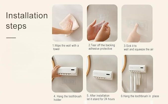 Toothbrush Holder for Bathrooms, Timer Function & 5 Toothbrush Slots Rechargeable Cordless Wall-Mounted Toothbrush Holder with Drying Functions, No Drilling(White)