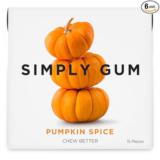 SIMPLY Gum Pumpkin Spice, Plastic-Free Natural Chewing Gum, 6 Pack (90 Pieces) | Vegan, Kosher, Non GMO, Aspartame Free and Sorbitol Free