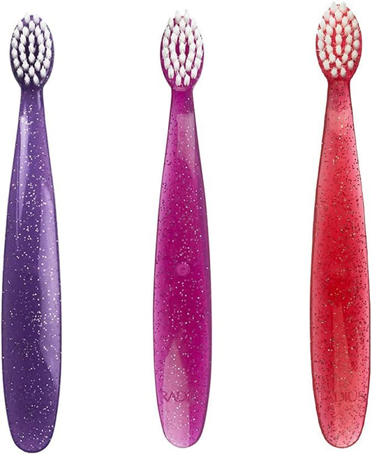 RADIUS Totz Toothbrush Extra Soft Brush BPA Free & ADA Accepted Designed for Delicate Teeth & Gums for Children 18 Months & Up - Purple Pink Coral - Pack of 3