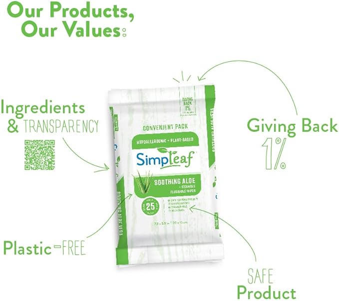 Simpleaf Flushable Wet Wipes Aloe Vera| Eco-Friendly, Paraben & Alcohol Free | Hypoallergenic & Safe for Sensitive Skin | Soothing Aloe Formula | (6 x 25 Counts Convenient Pack) 150 Counts Total