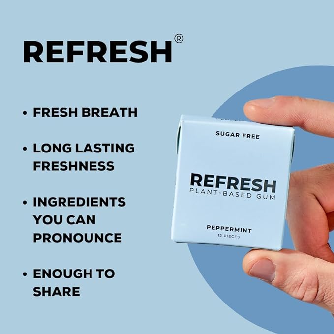 Refresh Gum, Xylitol, Natural, Sugar Free, Chewing Gum, Plastic Free, Natural Flavors & Organic Ingredients, Non GMO, Gluten Free, Vegan, 12 Count (Pack of 5), Peppermint