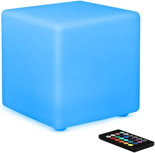 8-in LED Cube Night Light Mood Lamp, Cordless LED Light Cubes for Kid, Rechargeable 16 RGB Colors Changing Light Up Cube Bedside Lamp w/Remote, Waterproof Nursery Kid Stool for Home Patio Garden Party
