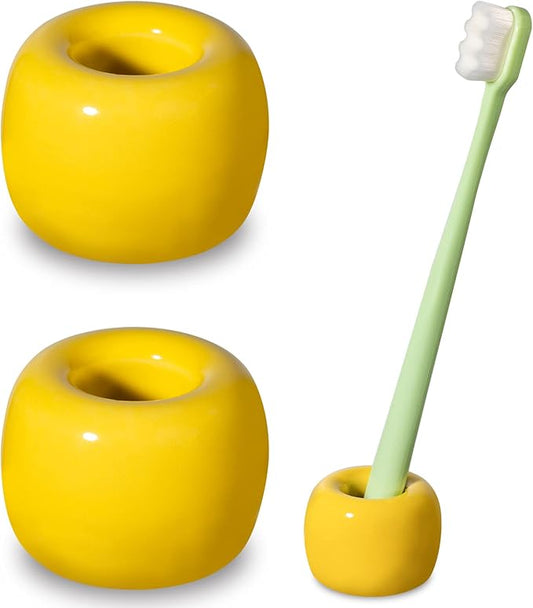 Urbanstrive Sleek Mini Ceramics Toothbrush Holder Stand for Bathroom Vanity Countertops (Yellow 2-Pack)