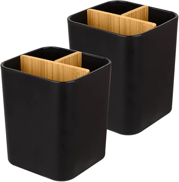 Bamboo Toothbrush Holder for Bathrooms, 3 Slots Toothbrush and Toothpaste Holder Bathroom Counter Organizer for Electric Toothbrushes, Floss, Razors, 2 Pack, Black