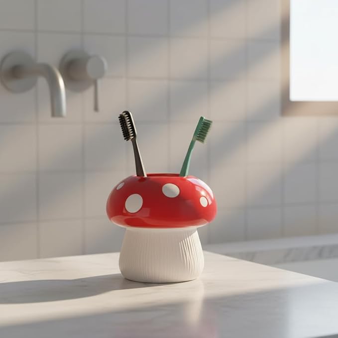 Mushroom Toothbrush Holder ， Cute Toothbrush Holder，Best Mushroom Kitchen Decor and Mushroom Bathroom Decor(red)