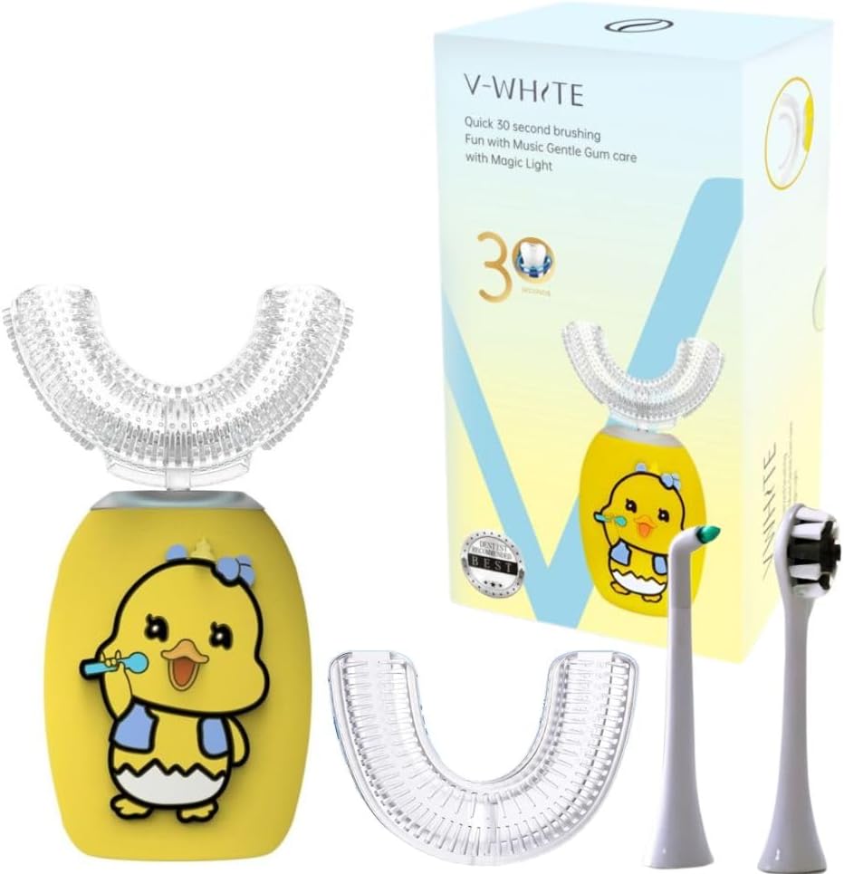 V-WHITE Ultrasonic U-Shaped Toothbrush For Teeth Whitening, Electric Toothbrush - 360° Mouth Cleansing, Hands Free Gums Protection - Wireless Charging - Waterproof IPX7 Certified (YELLOW - KIDS, KIDS)