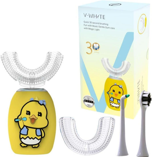 V-WHITE Ultrasonic U-Shaped Toothbrush For Teeth Whitening, Electric Toothbrush - 360° Mouth Cleansing, Hands Free Gums Protection - Wireless Charging - Waterproof IPX7 Certified (YELLOW - KIDS, KIDS)