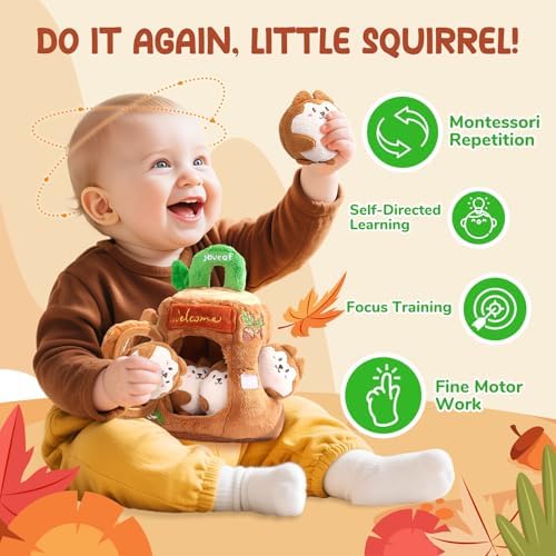 JoyCat Baby Toys 6-12 Months - Soft Baby Treehouse with 5 Sensory Squirrels - Rattle, Crinkle Paper, Squeaker, Mirror, Busy Montessori Soft Toys for Toddlers 0-3 Years Old - Christmas Birthday Gift