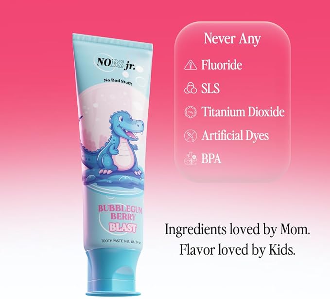 NOBS Jr. Kids Nano Hydroxyapatite Toothpaste – Fluoride Free, SLS-Free, Remineralizing - Dentist Formulated - Bubblegum Berry