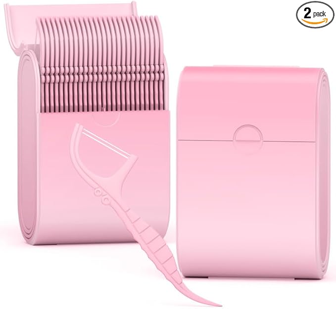Portable Dental Floss Case 2 Box with 52 Count Floss Picks, Twin Line Design，Pink，Mint Flavor - Travel-Friendly Tooth Care Tool with Flossers Toothpick Holder - Oral Hygiene Essential.